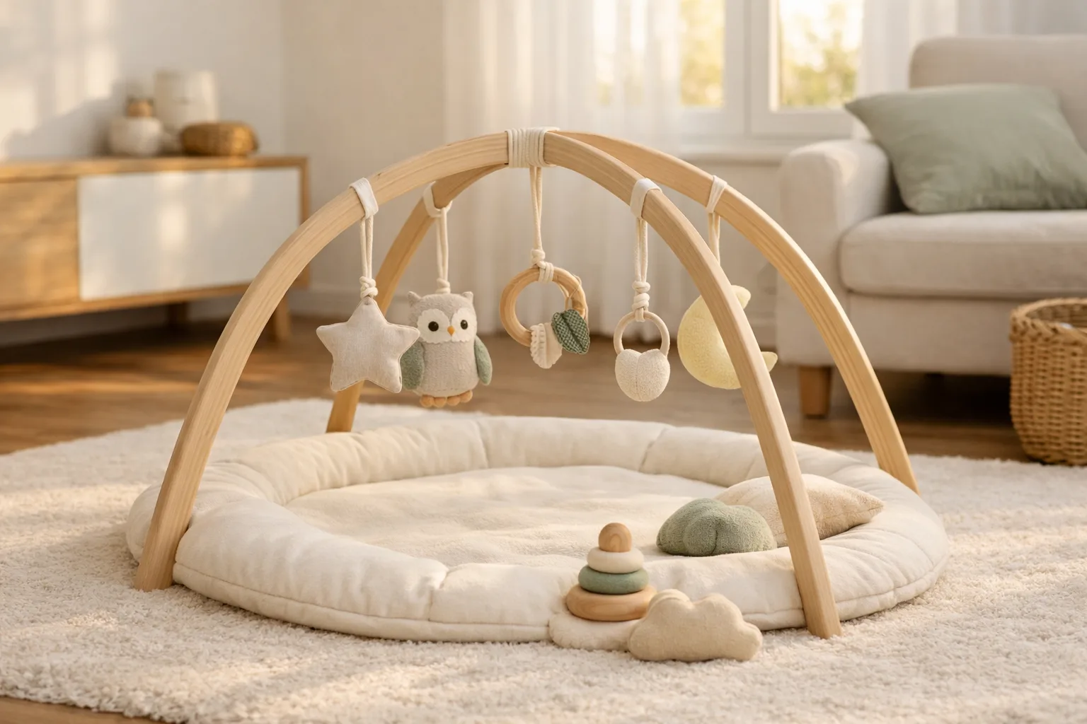Portabelt babygym med neutrala hängleksaker står på ljus vardagsrumsmatta.