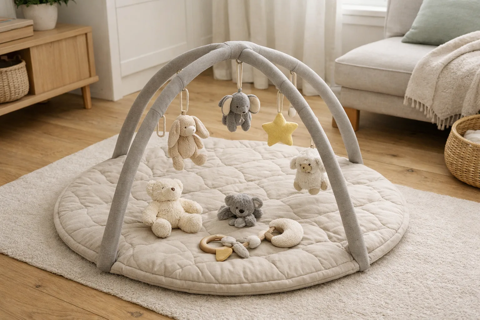 Rund quiltad beige lekmatta och gråbeige båge ligger på ljust trägolv.