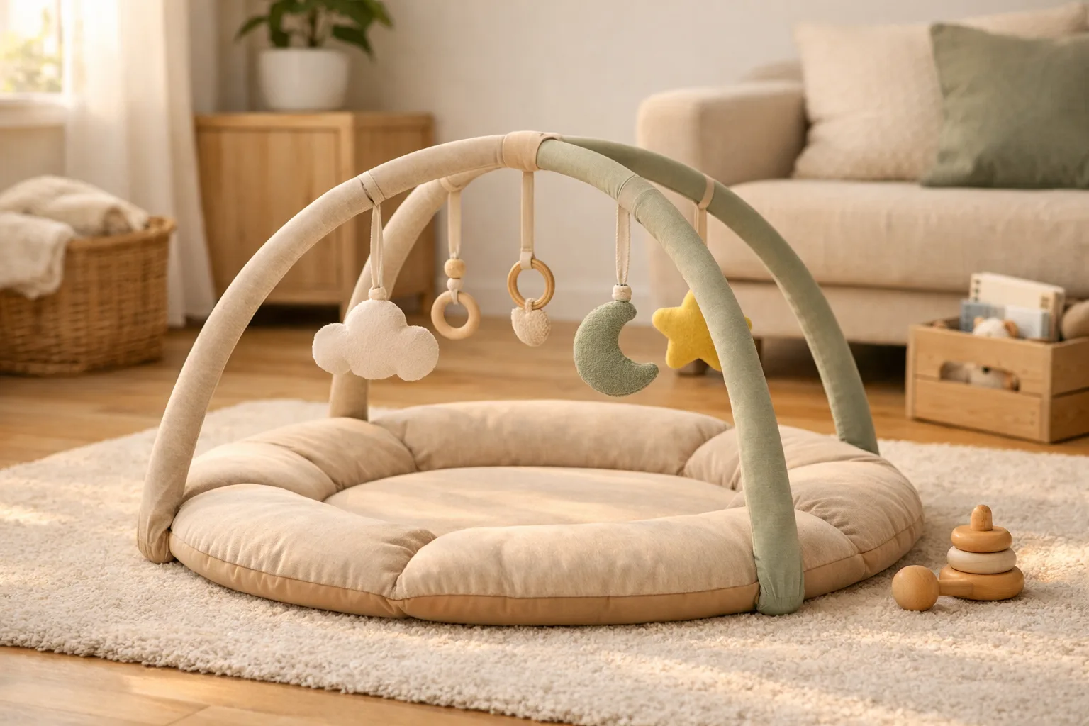Portabelt babygym med neutrala hängleksaker står på ljus vardagsrumsmatta.