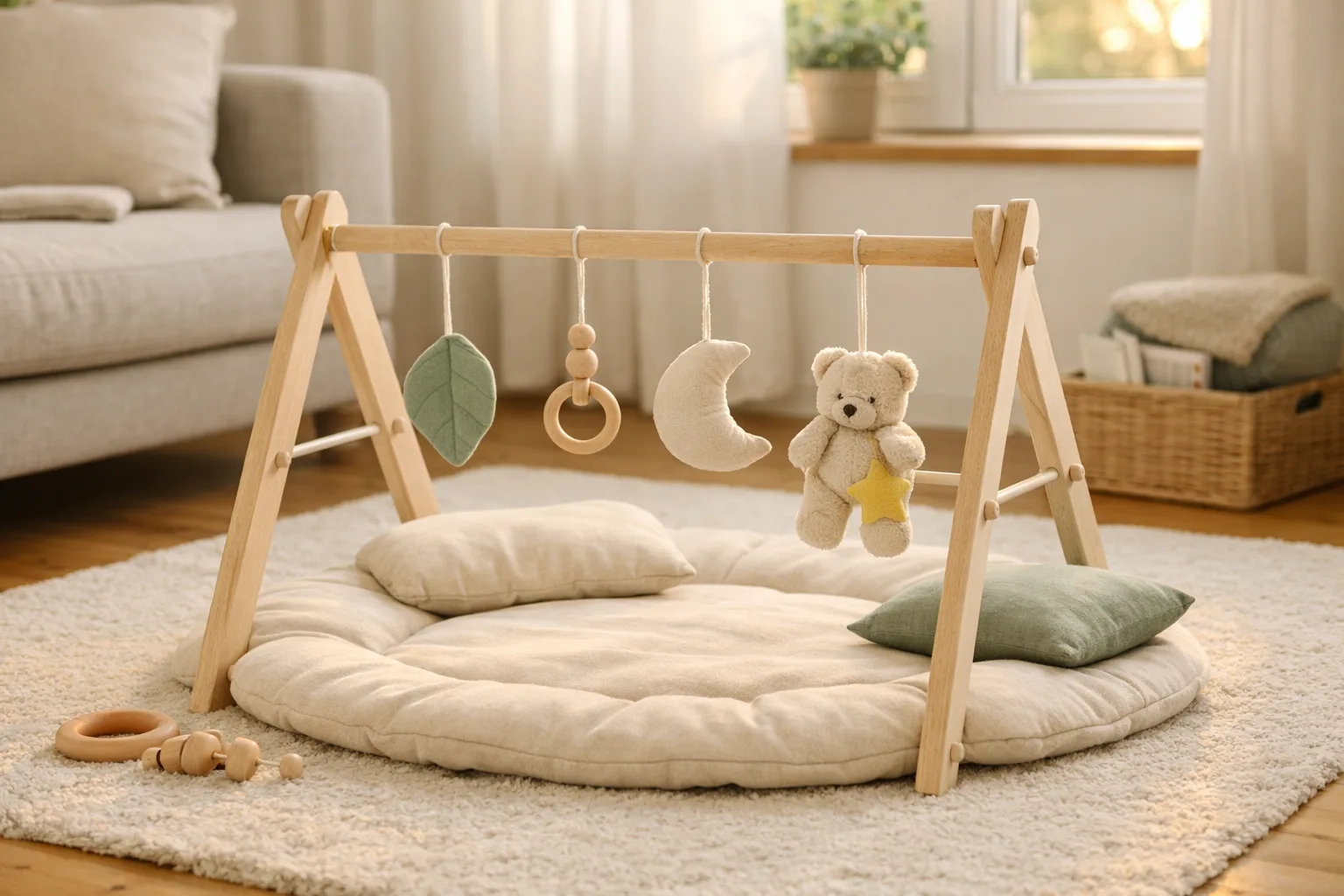 Portabelt babygym med neutrala hängleksaker står på ljus vardagsrumsmatta.