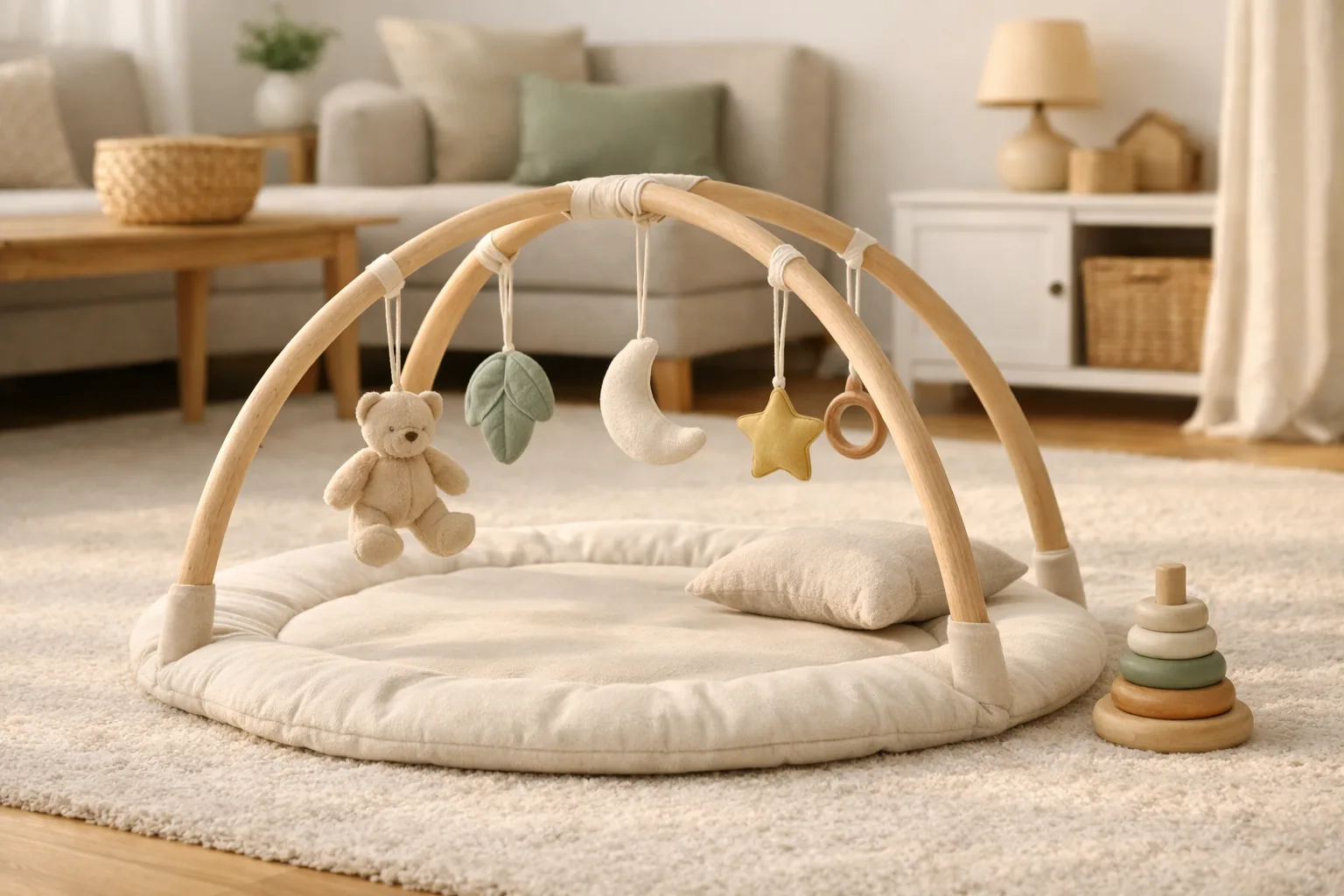 Portabelt babygym med neutrala hängleksaker står på ljus vardagsrumsmatta.